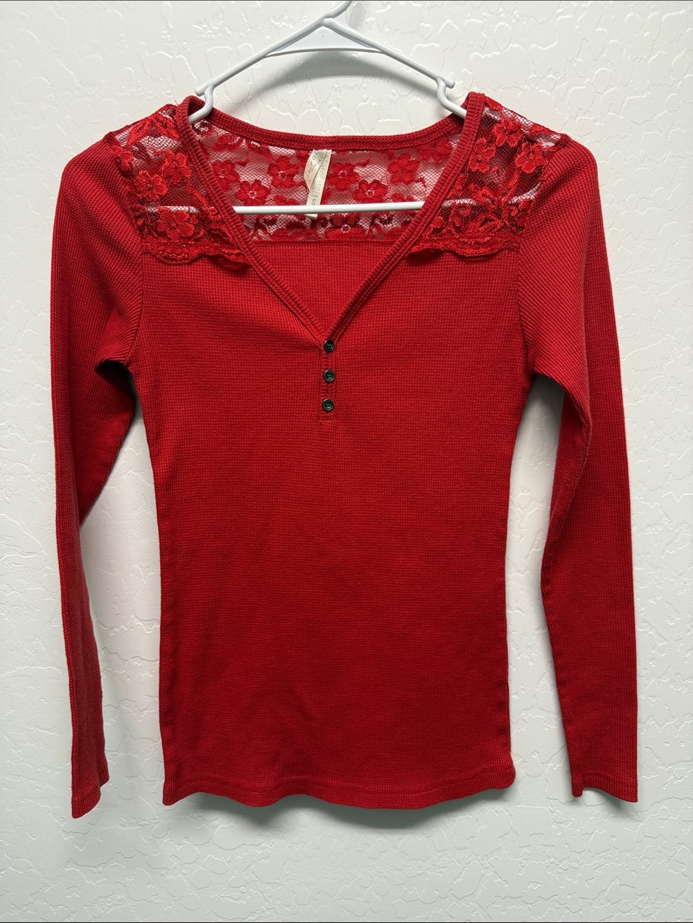 Red Lace-Yoke Long Sleeve Henley
